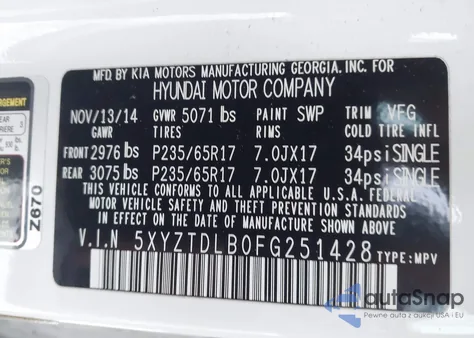 2015 Hyundai Santa Fe Sport 2.4L z USA, uszkodzony, nr VIN 5XYZTDLB0FG251428